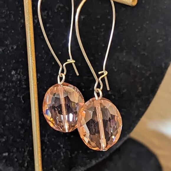 Large Peach Crystal Dangle Earrings with Long Kidney Ear Wire - Picture 5 of 6